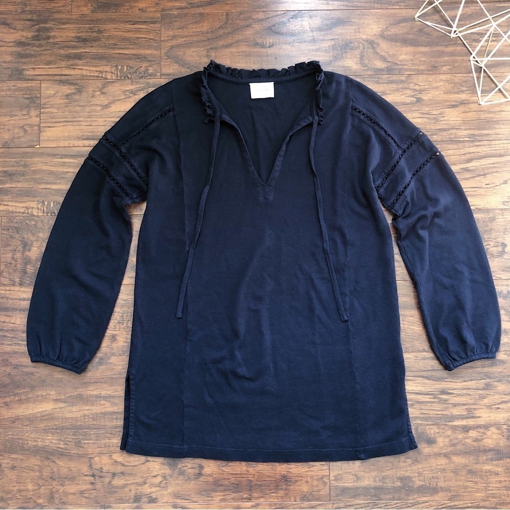 WRAP London • navy knit tunic hemp organic cotton peasant ruffle lace inset